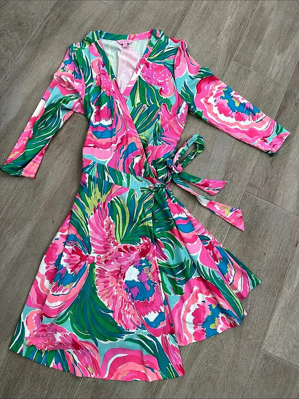 Lilly Pulitzer Emilia Wrap Dress Floral Midi Pink & Green Large